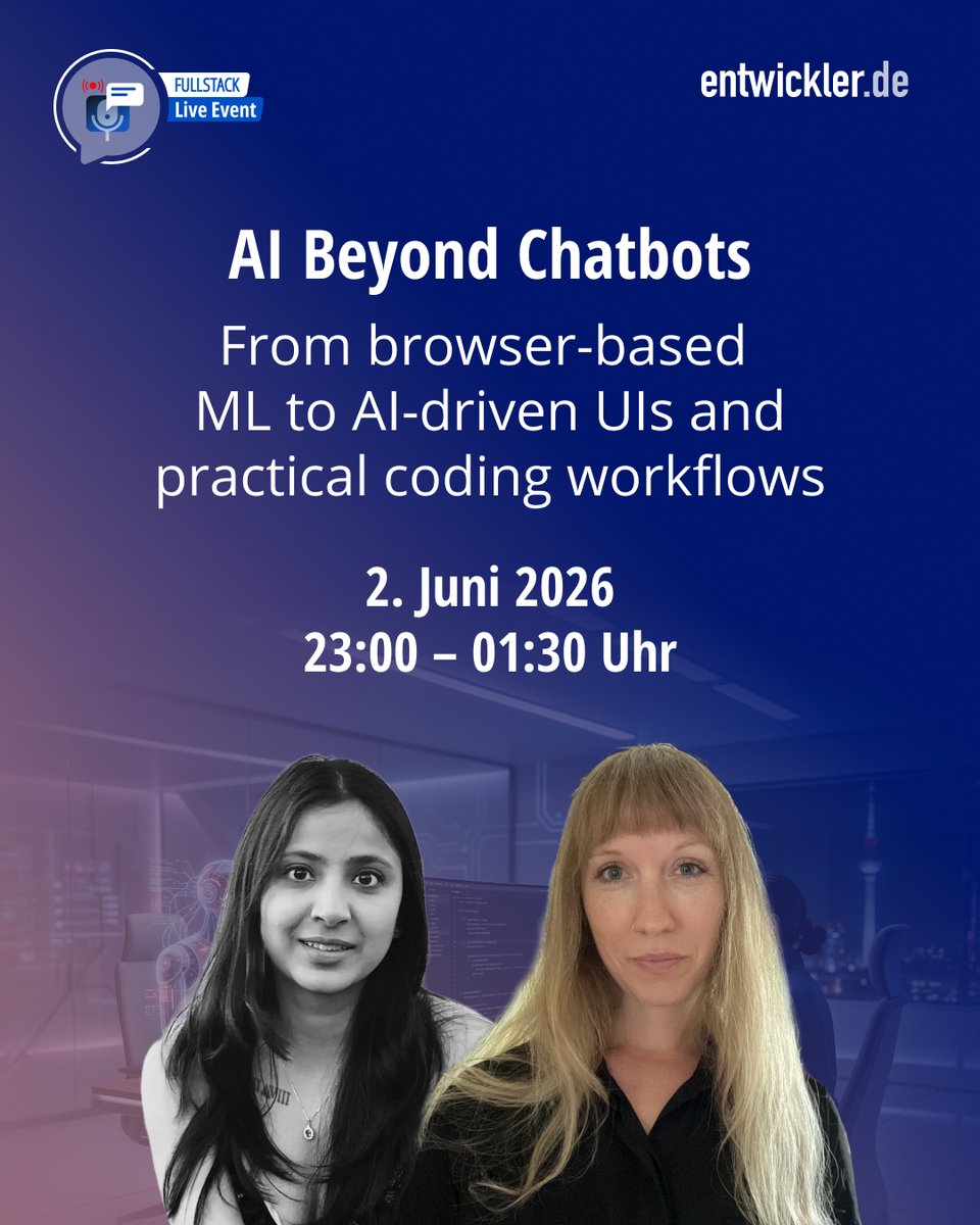 entwickler's tweet photo. Heute live! Wie bringst du echte Intelligenz direkt in Apps und Interfaces?

⚡ ML direkt im Browser
🧠 schnelle AI ohne schwere LLMs
🎨 zuverlässige AI-generierte UIs

Sei dabei! 
https://t.co/YkVSlWeyQl

#AI #MachineLearning #Frontend #FullstackLive https://t.co/3msYO5rLIn