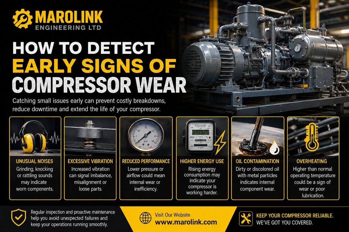 marolink_engr's tweet photo. Unusual noise, vibration, overheating, or rising energy costs? These could be early signs of compressor wear. Detect issues early to avoid costly downtime and repairs. #CompressorMaintenance #MarolinkEngineering https://t.co/2YGMMi2bsY