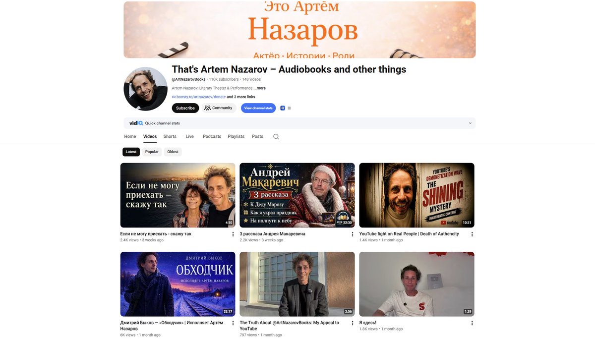 Kolvesky's tweet photo. Artem Nazar is a truly creative creator who was unfairly demonetized.

He submitted his case to https://t.co/XWDLO54HTD, and our YouTuber community saw a glaring injustice.

His first video was published 13 years ago! Throughout 13 years of actively running his YouTube channel, he has never faced a single issue.

I can understand why the channel was initially demonetized (due to automated system checks for unauthentic content), but @TeamYouTube, why hasn't a real human on X reviewed this and helped him restore monetization yet? 

Your urgent assistance is desperately needed here! 

Audiobooks are an incredibly engaging format that matters to millions of listeners. Please restore monetization to this channel, as his content is 100% original!

CHANNEL: https://t.co/Xz1vCTPFV9

p.s. https://t.co/XWDLO54HTD is a public initiative featuring unique cases of unfair demonetization. If you've been affected and want to bring public attention to your story, join us and share your situation!