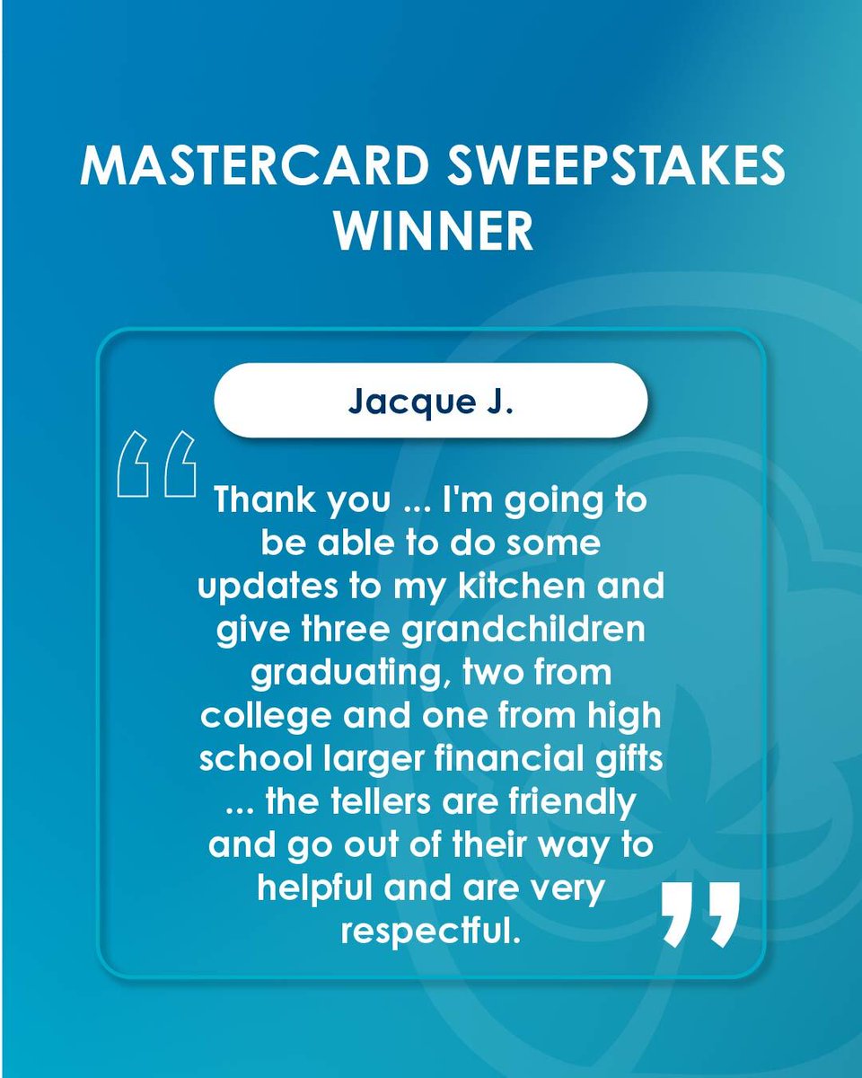foundersfcu's tweet photo. We are excited to give back $168,000 to 130 winners though our Mastercard® Sweepstakes - turning ordinary purchases into unforgettable surprises. Congrats, Jacque - one of our First Prize winners! https://t.co/600SykqKz1