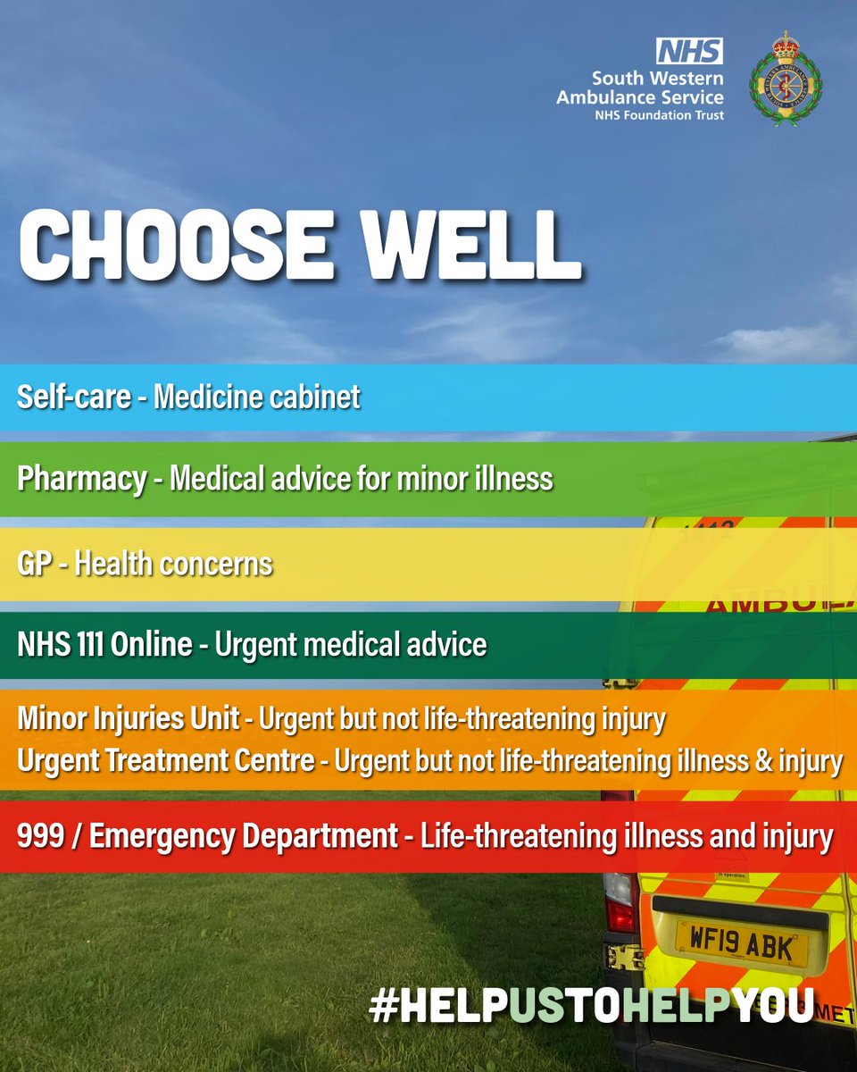 swasFT's tweet photo. Help us be there for those who need us most.

Before calling 999, ask yourself:

💡 Need non-urgent advice? Go to NHS 111 online - https://t.co/K8g2U2YNte

🩹 Minor illness or concern? Visit a pharmacy

Making the right choice helps everyone get the care they need, faster. https://t.co/w60fvEVLxL