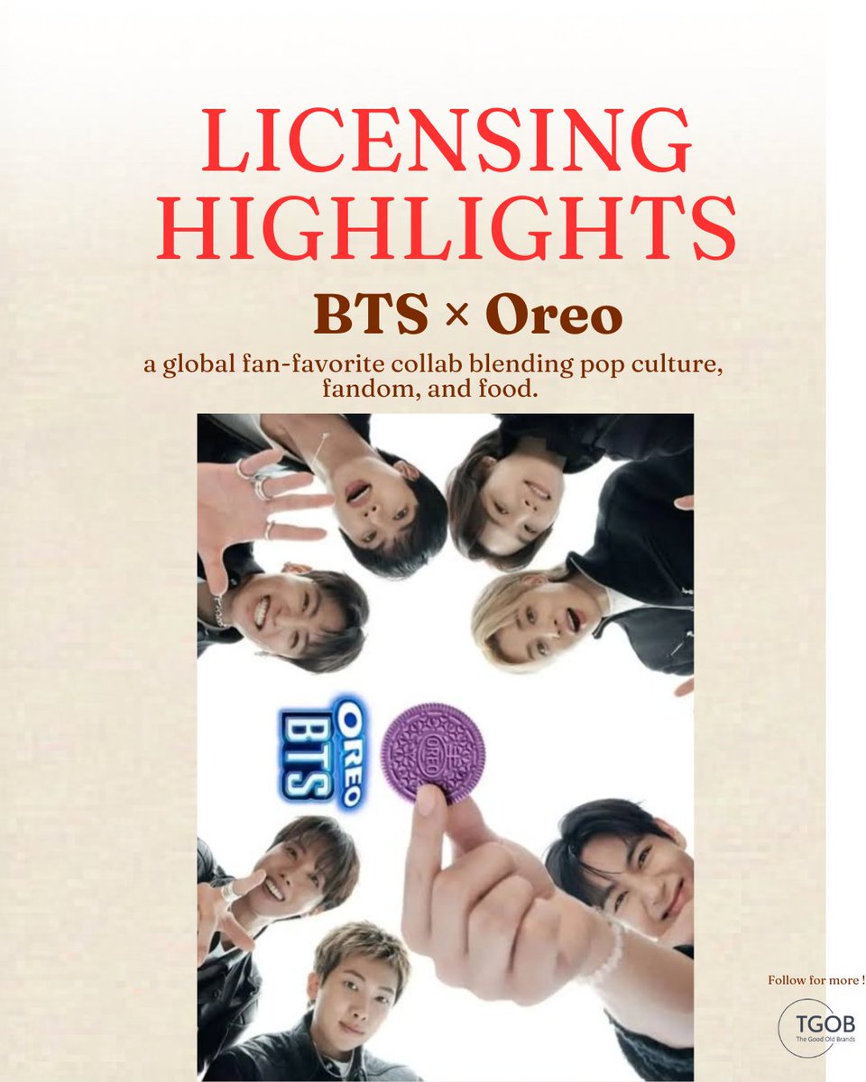 TGOBLicensing's tweet photo. A collab fans couldn't stop talking about. 💜🍪

BTS × Oreo brought together music, fandom, and brand power in one unforgettable collaboration.

#TheGoodOldBrands #BTS #Oreo #BrandLicensing https://t.co/uiek5EuVZf