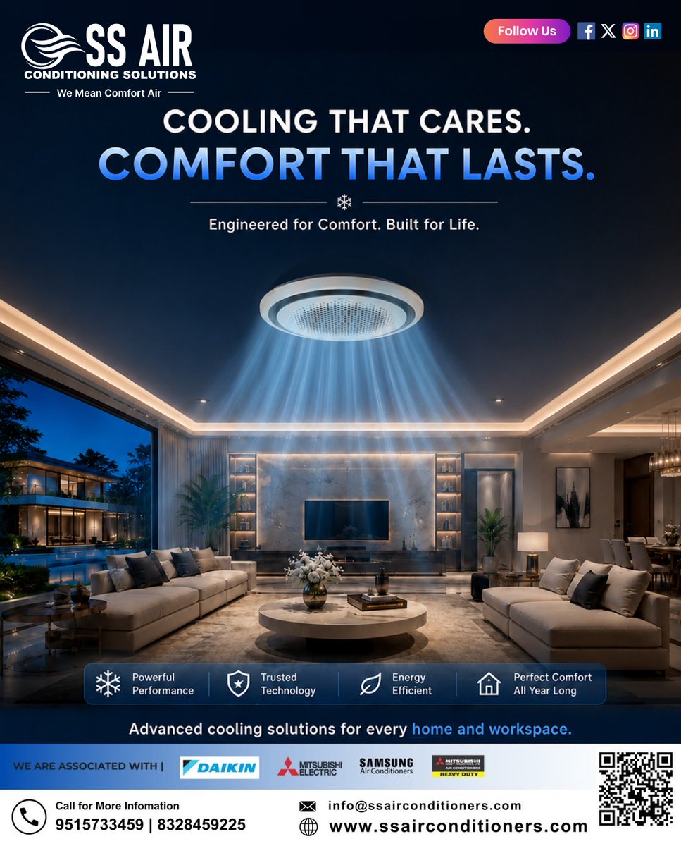 ss_aircon2023's tweet photo. ❄️ Cooling that cares. Comfort that lasts. 💙
📞 9515733459 | 8328459225
🌐 https://t.co/JwjTgJqG5a
📧 info@ssairconditioners.com
#SSAirConditioning #CoolingSolutions #AirConditioning #HVACSolutions #SmartCooling #EnergyEfficient #Daikin #MitsubishiElectric #SamsungAC https://t.co/dLvXkCHnmQ