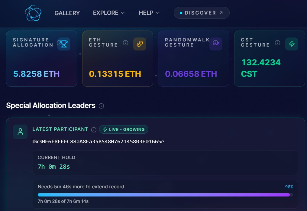 CosmicSignature's tweet photo. If no one places a bid in the next 6 mins, we might have a new Endurance Champion record.

From the same player.

Also CST gesture price is only 132 CSTs right now.

It's the best time to make a cheap gesture.

Go gesture at: https://t.co/WLTNOIMCzK https://t.co/WJSfHwkYrw