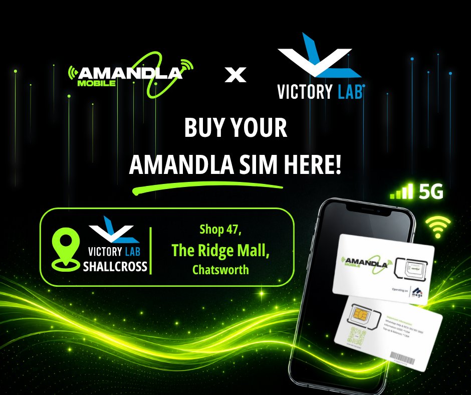 AmandlaMobile's tweet photo. 📍 New month. Smart moves.

Get your #AmandlaMobile SIM for only R20 at select Victory Lab stores across KZN.

Activate and get:
✅ 300MB FREE data
✅ R10 FREE airtime
Stay connected for less all month long.
#VictoryLab #AffordableData #KZN https://t.co/HZ93TnsRxu