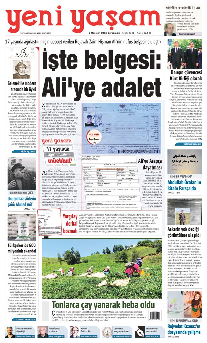 yeniyasamnews5's tweet photo. 'İşte belgesi: Ali'ye adalet' manşetiyle yarın yayındayız https://t.co/JG1GNZGTlo