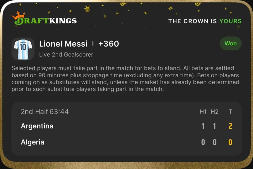 SharpTankBets's tweet photo. Lionel Messi scored a natural hat trick for Argentina against Algeria tonight. Our members cashed out on Messi's goals! 🤑💰

World Cup 2026 has been absolute cinema! 🇦🇷🇩🇿 https://t.co/E2M2k37fT0