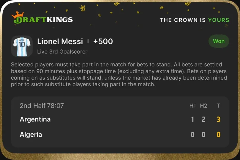 SharpTankBets's tweet photo. Lionel Messi scored a natural hat trick for Argentina against Algeria tonight. Our members cashed out on Messi's goals! 🤑💰

World Cup 2026 has been absolute cinema! 🇦🇷🇩🇿 https://t.co/E2M2k37fT0