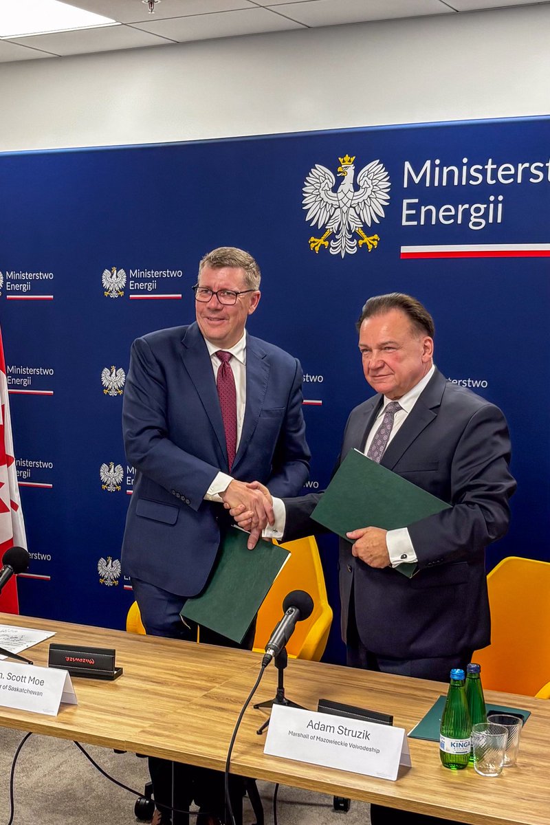 PremierScottMoe's tweet photo. Saskatchewan is strengthening global partnerships and helping power the future.

Today, we signed an agreement with Poland to advance nuclear energy development, workforce training, research and supply chain opportunities.

As the world’s leading source of high-quality uranium, Saskatchewan is well positioned to support energy security, innovation and economic growth at home and abroad.