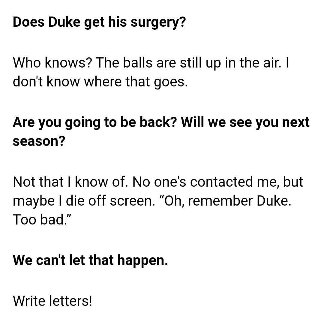 pittwitt351's tweet photo. Jeff Kober Re:
Duke's Uncertain Future
(#RIPDuke? He's so unserious...
but also very serious. #Letters4Duke):
For @GoldDerby: https://t.co/Y2i8L6EI44