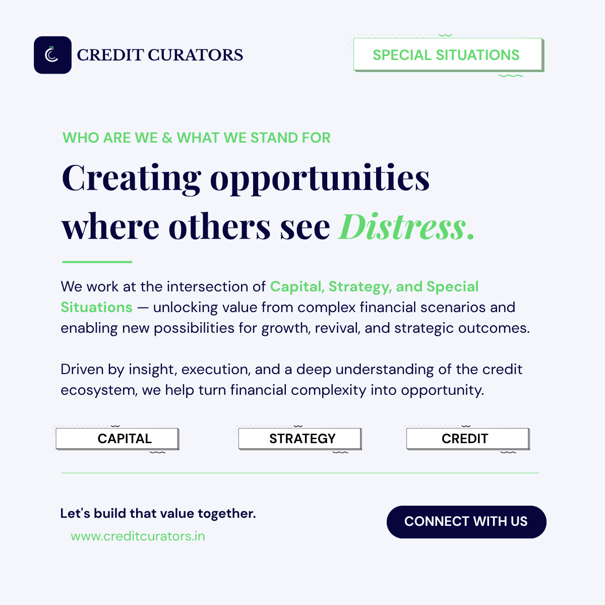 CreditCurators's tweet photo. Most people see a distressed asset and walk away.

"We see a deal"

At @CreditCurators , we work at the intersection of Capital, Strategy &amp; Special Situations — turning complexity into opportunity.

If that's the situation you're in, Let's Talk.
🔗https://t.co/NDazc1r79J https://t.co/3xYnvFaoVH