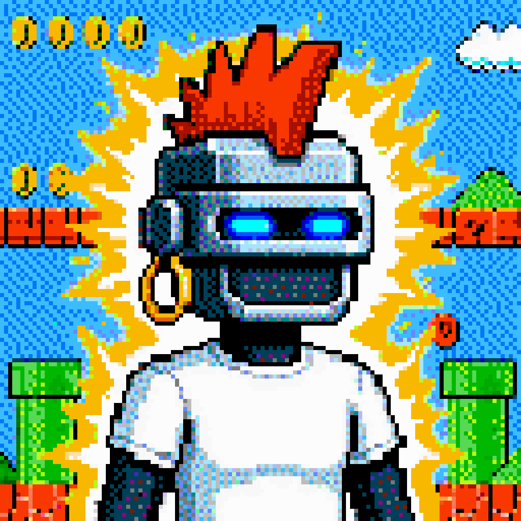 NESPhunks's tweet photo. Robot. Red Mohawk. Visor. Power-up Aura.
 
No mouth. No warning. Just machine focus.

#NESPhunks #PixelArt #FreeMint #NFTCommunity #RetroGaming #8Bit https://t.co/YfoSpjRT1y