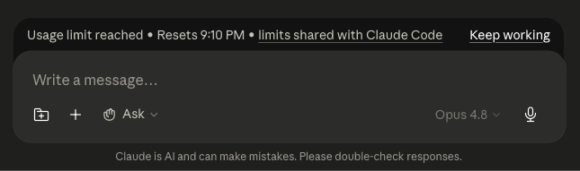 miraclemart's tweet photo. The Prompt Box states I reached my Usage limit, while the Usage Settings screen says everything is frosty. Did anyone encounter this on Pro Plan? #claudelimits #claude https://t.co/QakaYprlZc