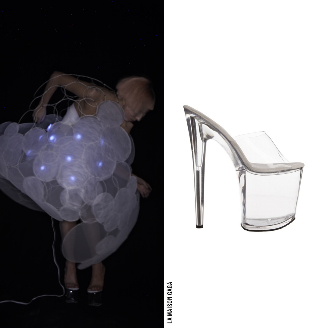 LaMaisonGaga_'s tweet photo. The bubble is actually a dress by @Philips, made in collaboration with @CuteCircuit and #StudioXO, as part of their “Skin Probe Project” that examines the future integration of sensitive materials in the area of emotional sensing. Also, @PleaserShoes "Xtreme-801" glass sandals. https://t.co/IMx0O7SaXI