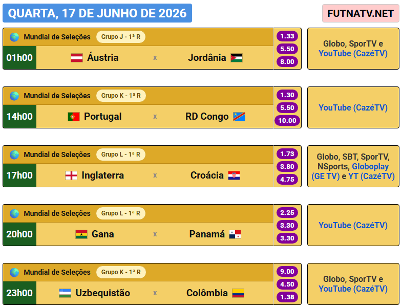 futnatv's tweet photo. A programação do futebol nesta quarta (17/6/2026) https://t.co/mcsgl6jTTg