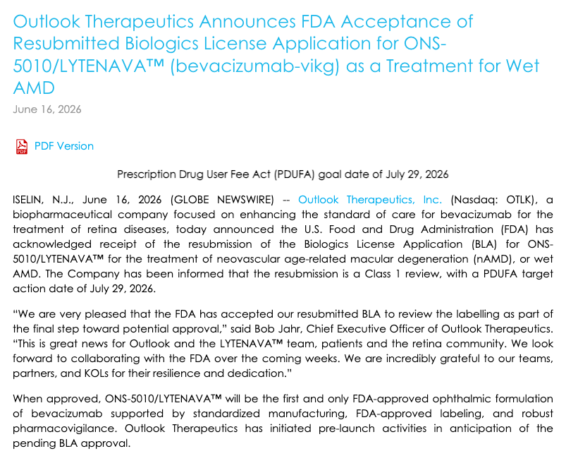 BiopharmIQ's tweet photo. $OTLK up 35% today! 📈

FDA accepted its resubmitted BLA for ONS-5010/LYTENAVA in wet AMD.

Review is now on the clock, with a PDUFA target action date set for July 29, 2026.

Want to track the exact FDA date and other upcoming PDUFAs? Check the comment below 👇
