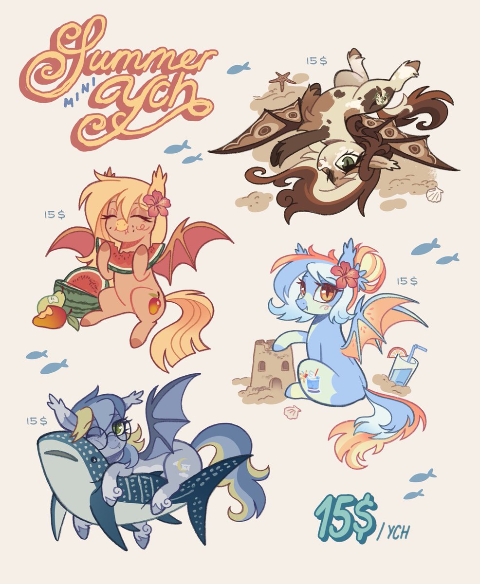 cowboypony's tweet photo. 🌴Summer MINI YCHs are here!
4 bases to choose from, ALL priced at 15$ 

☀️Sunbathing YCH
🍉Watermelon YCH
🪣Sandcastle YCH
🦈Shark YCH (different plush options)

ANY species/gender (pony-adjacent)
Payment through Paypal, Artist Alley or Ko-fi https://t.co/jvKcge1mZ0