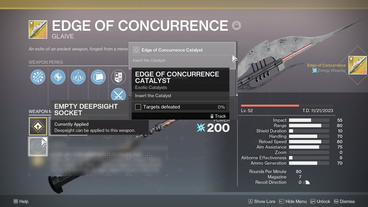 uldren's tweet photo. @A_dmg04 @ShadowIsTrans Hi! I got the catalyst for one of the exotic glaives and unless I’m dumb it doesn’t seem like there’s a place to insert it so I can’t progress it. https://t.co/4XFfcyGhmb