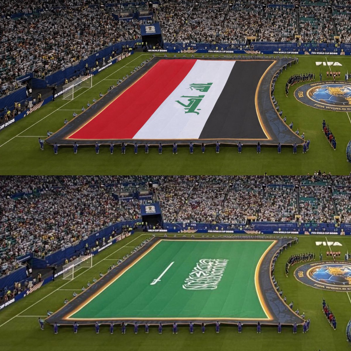 FaktaSepakbola's tweet photo. 🚩 Mengapa Bendera Arab Saudi dan Irak Diangkat, Bukan Diletakkan di Lapangan?

Saat bendera negara lain dibawa dan dibentangkan hingga menyentuh lapangan, bendera Arab Saudi dan Irak justru tetap diangkat dan tidak menyentuh tanah. 🇸🇦🇮🇶

Hal ini karena kedua bendera memuat kalimat yang memiliki makna religius dalam Islam. Bendera Arab Saudi menampilkan Syahadat, sementara bendera Irak memuat takbir “Allahu Akbar”.

Sebagai bentuk penghormatan terhadap kesakralan kalimat tersebut, bendera Arab Saudi dan Irak dijaga agar tidak menyentuh tanah maupun air.

#FIFAWorldCup