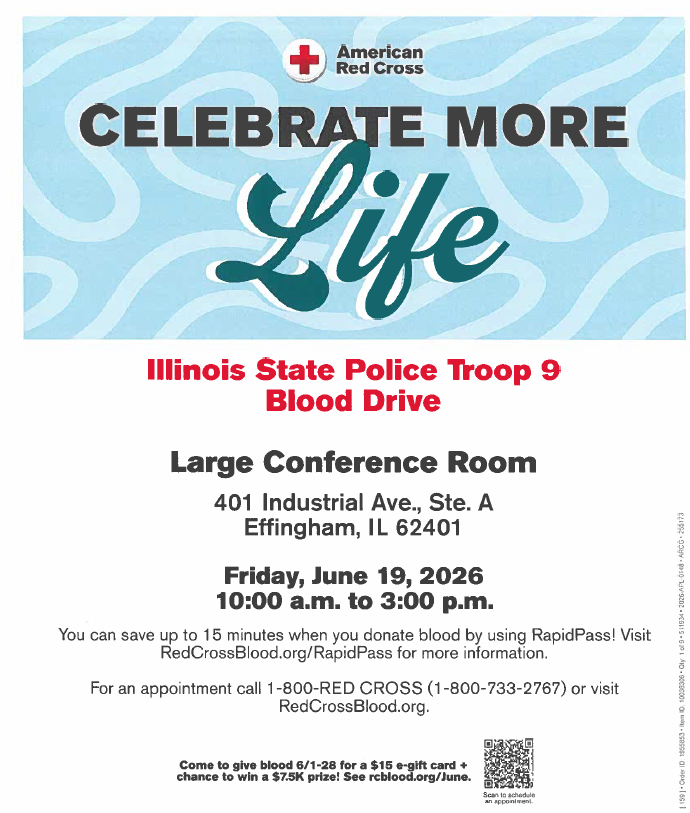 ILStatePoliceT9's tweet photo. 🩸ISP Troop 9 Blood Drive🩸
When: Friday, June 19, 2026
Where: 401 Industrial Ave., Ste. A 
             Effingham, IL 62401
Time: 10:00 a.m. to 3:00 p.m. https://t.co/FANLZ4UW2W