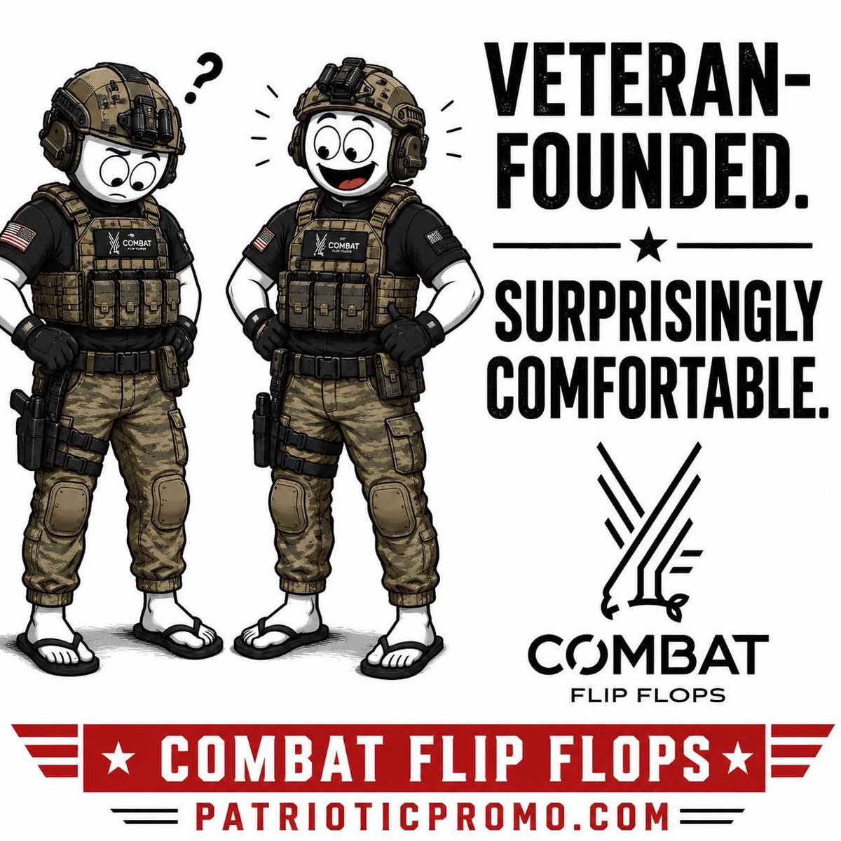 PatrioticPromo_'s tweet photo. Combat Flip Flops — yes, that’s a real brand, and yes, they’re incredible. Veteran-founded, mission-driven, and they make some of the most comfortable footwear you’ll ever wear. 🇺🇸

The story behind this brand alone is worth a read. 

→ Shop: https://t.co/vl1TN3br0P https://t.co/SOWxBb5kR4