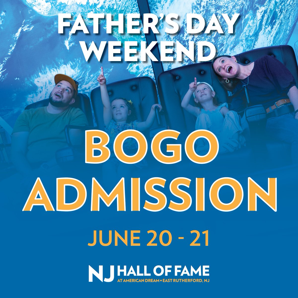 NJHallofFame's tweet photo. Fatherโs Day Weekend just got twice as fun with #BOGOFree admission June 20โ21. ๐จโ๐งโ๐ฆ๐
Celebrate Dad with a #FamilyAdventure at the #NJHOF at American Dream, where inspiration, imagination, and #JerseyPride come together. ๐
Make Fatherโs Day Weekend one for the #HallOfFame! ๐ธ๐ https://t.co/SS8pOTUb7W
