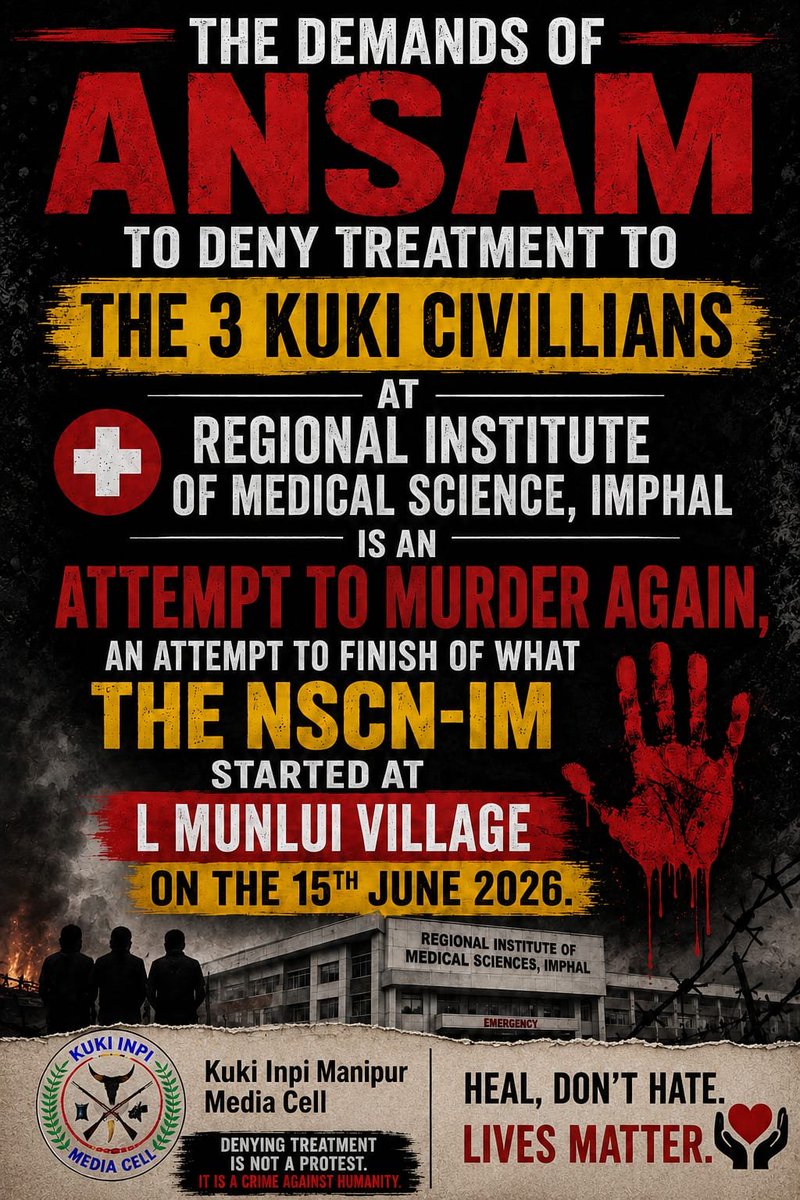 TakchapaMelthra's tweet photo. At this juncture, accessing a STRUCTURED MEDICAL FACILITY is far beyond our reached for #Kuki_Zo.We have seen the escalation at RIMS, Imphal while the 3Kuki Students with bomb injuries were treated.The mob continued to resist the ongoing treatment of them despite the presence of Security Forces and Doctors with No Boundaries.This shows how Separate Administration is crucial for the #Kuki_Zo people and impoverished the Medical facilities to be readily accessible for everyone with minimal cost.

 We have endured for the past 3yrs, sacrificed our precious lives and assets because of the #Ethnic Cleasing by the majority #Meiteis & the continue attacks on Kuki by  #Tangkhuls, 
the blood brother of Meiteis. 

 So, the sooner #UnionTerritory Pondicherry model for the #Kuki_Zo the better and PEACE must prevail in the region with no extra efforts for Security Forces safe guarding the people.

#Manipur
@adgpi @easterncomd 
@official_dgar @Spearcorps 
@crpfindia @BSF_India 
@PMOIndia @HMOIndia 
@rajnathsingh @DefenceMinIndia 
@SpokespersonMoD @PIBHomeAffairs 
@NIA_India @CBIHeadquarters
@YKhemchandSingh @manipur_police @assamtribuneoff @CBIHeadquarters @LIANGMAIPOST @PoknaphamNews  @Nagaland_Post @ukhrultimes  @TheSangaiExpres @epaomanipur @narendramodi @HMOIndia  @RajBhavManipur @rashtrapatibhvn @LokBhavManipur @mygovindia