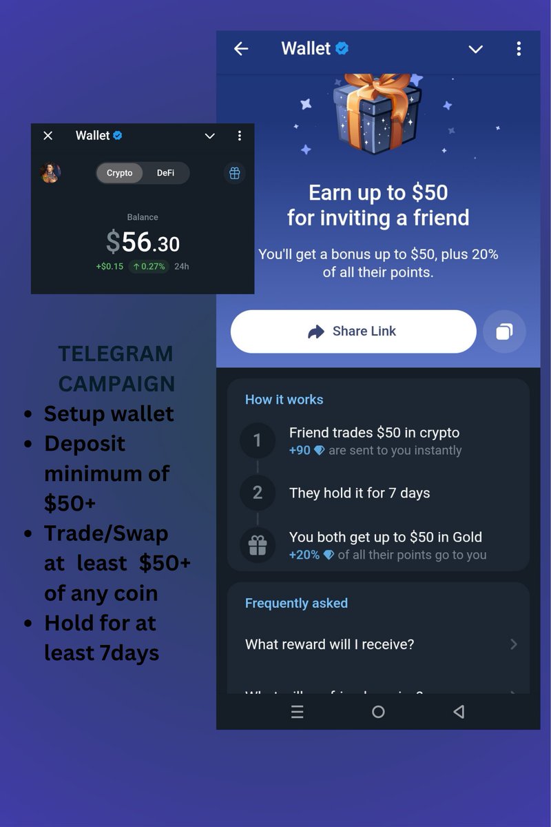 WildHunters_Nad's tweet photo. 📈 Receive Xtra $50 for depositing, trading and holding for 7 days...$50+ 
📈 Create Telegram wallet
https://t.co/jQNfk7jRc5

📈 Deposit, Swap &amp; Hold $50+ for at least 7days to get rewards  

‼️Even if u have Telegram Wallet before...click on the link to coumt as eligible 🧏🏾 https://t.co/IfLhdVHCKs