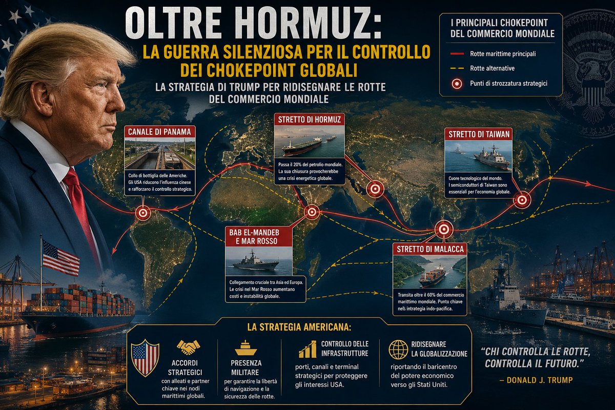 Veleno_Q_B's tweet photo. 🚨 MENTRE TUTTI GUARDANO HORMUZ, LA VERA PARTITA SI GIOCA ALTROVE.

Lo Stretto di Taiwan, Malacca, Panama, Bab el-Mandeb: sono questi i punti attraverso cui scorre la ricchezza del XXI secolo.

Chi controlla questi chokepoint controlla il commercio mondiale.

Chi controlla il commercio mondiale controlla il potere.

Mentre media e analisti discutono soltanto dell'Iran e del petrolio, gli Stati Uniti stanno consolidando la loro influenza sui principali nodi marittimi del pianeta: dal Canale di Panama al Pacifico, dal Mar Rosso alle rotte asiatiche.

È una guerra silenziosa, combattuta non con carri armati e trincee, ma con porti, accordi strategici, infrastrutture e controllo delle rotte commerciali.

La domanda è semplice:

👉 Stiamo assistendo alla nascita di un nuovo ordine economico globale?

👉 Trump sta ridisegnando gli equilibri della globalizzazione attraverso il controllo dei chokepoint?

👉 Il vero scontro non è più per il petrolio, ma per le arterie attraverso cui passa l'intera economia mondiale?

L'analisi completa qui:

https://t.co/O9zqqsCZGk

🔥 Condividi se pensi che la geopolitica vera si giochi sulle rotte marittime e non nei titoli dei telegiornali.

#Trump #Hormuz #Taiwan #Panama #Malacca #Geopolitica #USA #Cina #CommercioGlobale #EconomiaGlobale #Chokepoint #MarRosso #BabElMandeb #SupplyChain #Globalizzazione #Multipolarismo #Trump2026 #TrueReport #VelenoQuantoBasta #VQB