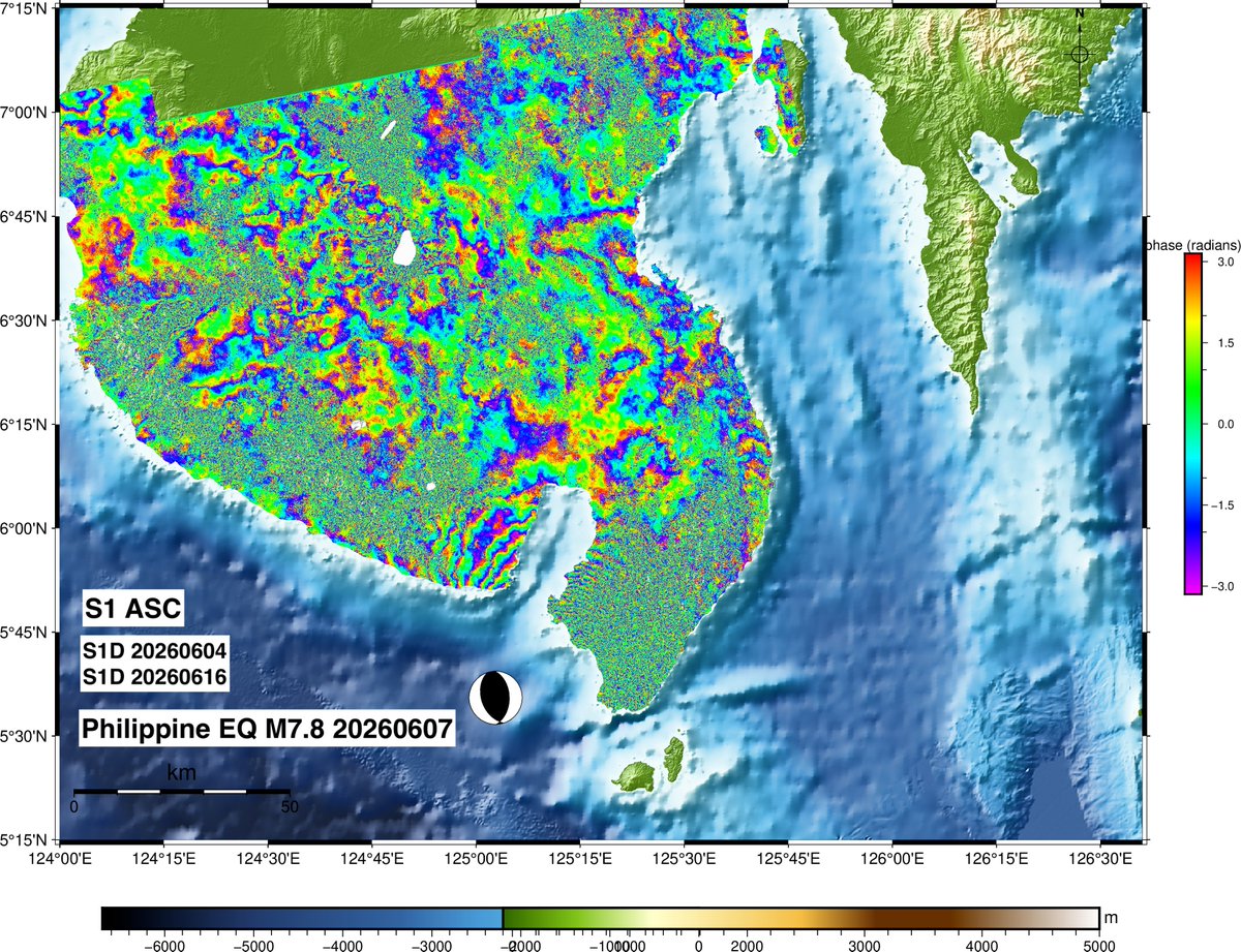 RuMiGGonz's tweet photo. S1 interferograms for the #Philippines M7.8 EQ happened on June 7 2026. Descending and Ascending ifgs are showing great decorrelation near the Bay. This can be improved using #NISAR L-band 12 day repeat orbit. #earthquake #insar #sentinel1 #nisar #scripps https://t.co/iZUFM75UxW