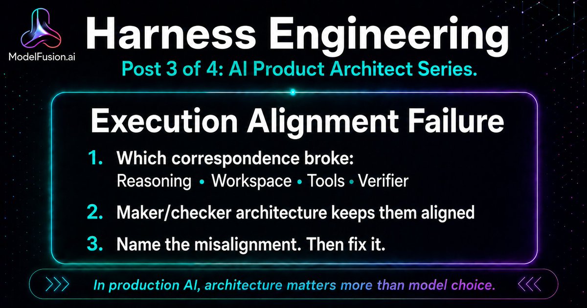 EverymansAI's tweet photo. 👉 Post 3 of 4 Series: Execution Alignment Failure 💥 Name it in one word: Reasoning? Workspace? Tools? Verifier? 

Execution alignment is a research term, but Product Manager applicable. 

✍️ Execution Alignment Defined:
The degree to which a harness preserves correspondence between what the agent reasons about, what the workspace records, what the tools actually do, and what the evaluator checks.

In failed agent runs, this correspondence breaks down. 
🔸The agent reasons about one thing. 
🔸The tools do another. 
🔸The workspace records something else. 
🔸The verifier checks a fourth. 

They drift apart. The agent "thinks" it succeeded. The verifier says it didn't.

Examples:
1️⃣ The agent is debugging a test failure. It reasons about a hypothesis. It edits a file. But the test it edited isn't the one that failed. Reasoning is misaligned with the workspace.

2️⃣ The agent is processing a customer request. It pulls data from the API. The data is stale. The agent uses it anyway. Tool output is misaligned with current reality.

3️⃣ The agent is producing a report. It has the data. It summarizes it. But the format requires citations, and the agent didn't include them. Reasoning is misaligned with the output contract.

🙋 Until you can name it as execution alignment failure, it's "the agent did weird things" 

Then you can debug it: which of the four correspondences broke? 
 ▫ Reasoning? 
 ▫ Workspace? 
 ▫ Tools? 
 ▫ Verifier? 

Once you can name the misalignment, you can fix it.

The maker/checker pattern is the architectural answer: 
✏️ Never let the same agent that produced the work be the agent that grades the work.

The maker and the checker should be different in at least one of these ways:
➞ Different instructions (different "persona")
➞ Different model (sometimes a stronger, sometimes a smaller)
➞ Different tools (the maker can edit, the checker can only read)
➞ Different context (the checker sees the contract, the maker sees the task)

❌ Same model + same instructions + same tools = not a real checker. 

🔸A separate verifier — different model, different instructions — checks that the implementer's output actually matches the contract. The checker enforces alignment.
🔸State files are the alignment spine. When the agent loses track of what it was doing, the state file is what re-aligns it. No state file, no alignment, no reliability.

The vocabulary changes the conversation. 
✅ When your engineer says "execution alignment broke at the tool call," you know exactly what they're debugging. 
✅ When your vendor says "we have execution alignment monitoring," you know what capability they mean.
-----

AI Reliability Engineering:
✍️ Join the ModelFusion™ builder Linkedin group: https://t.co/757iwppAXO