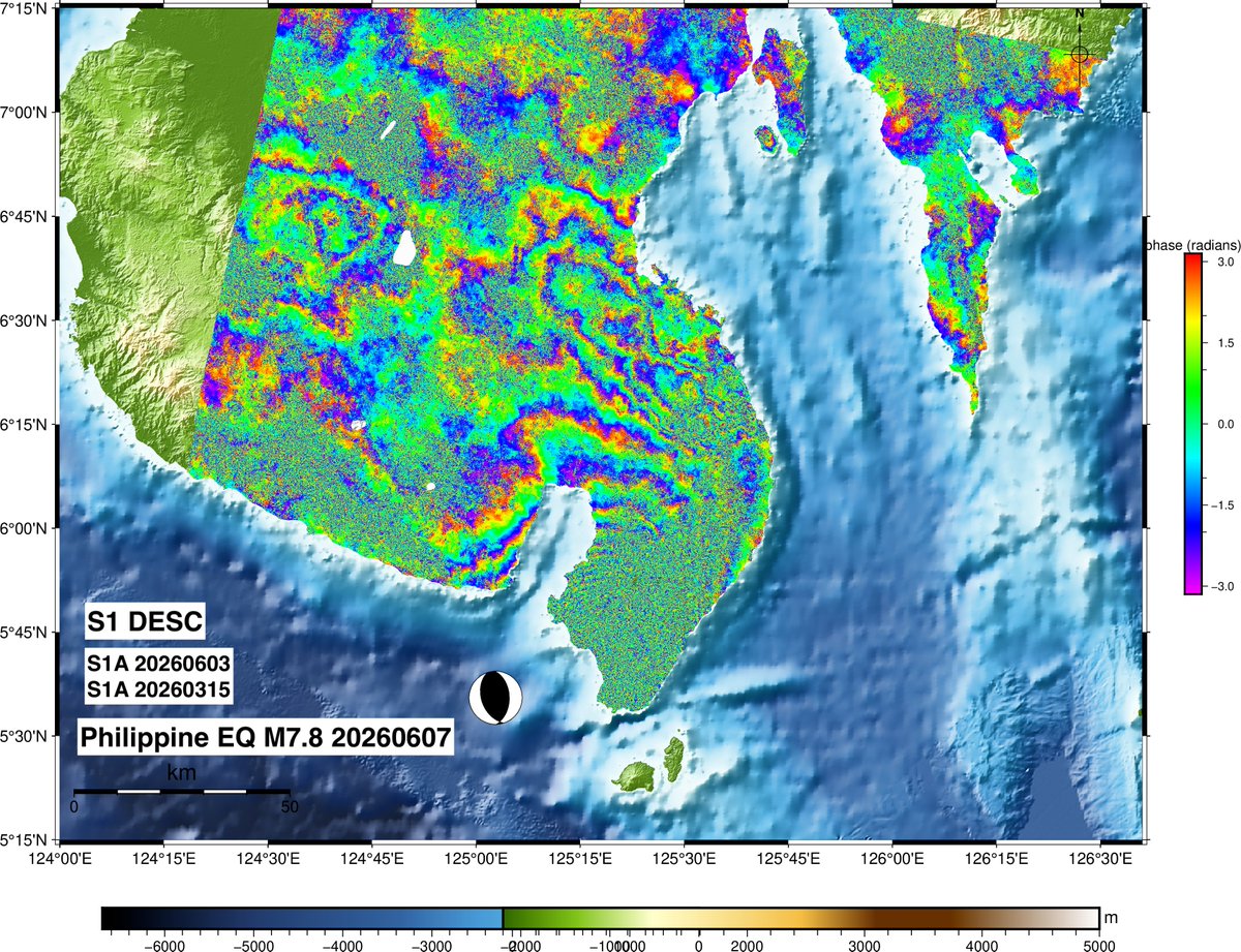 RuMiGGonz's tweet photo. S1 interferograms for the #Philippines M7.8 EQ happened on June 7 2026. Descending and Ascending ifgs are showing great decorrelation near the Bay. This can be improved using #NISAR L-band 12 day repeat orbit. #earthquake #insar #sentinel1 #nisar #scripps https://t.co/iZUFM75UxW