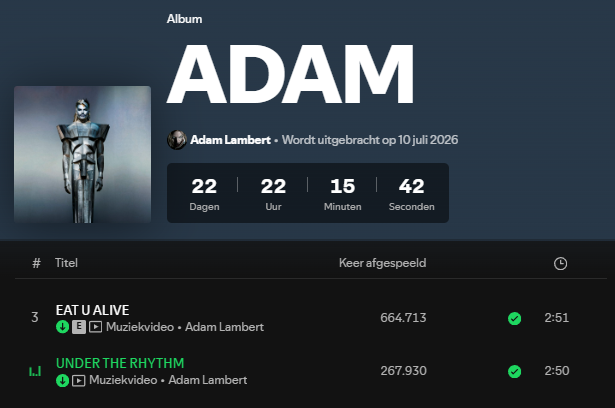 skaschep's tweet photo. 🎧Spotify update 16 June 2026🎧 
#ADAM by @AdamLambert #NowPlaying 
#EatUAlive: 664,713 streams (+9,535)! 
#UnderTheRhythm: 267,930 streams (+19,671)!🎉 
Monthly listeners 2,985,559 (-4,574)! 
Followers 1,666,284 (+189)! 🎤 
https://t.co/MfQGqqVud7 
https://t.co/UYaZaEv8B3 https://t.co/qBL7Ruib3V