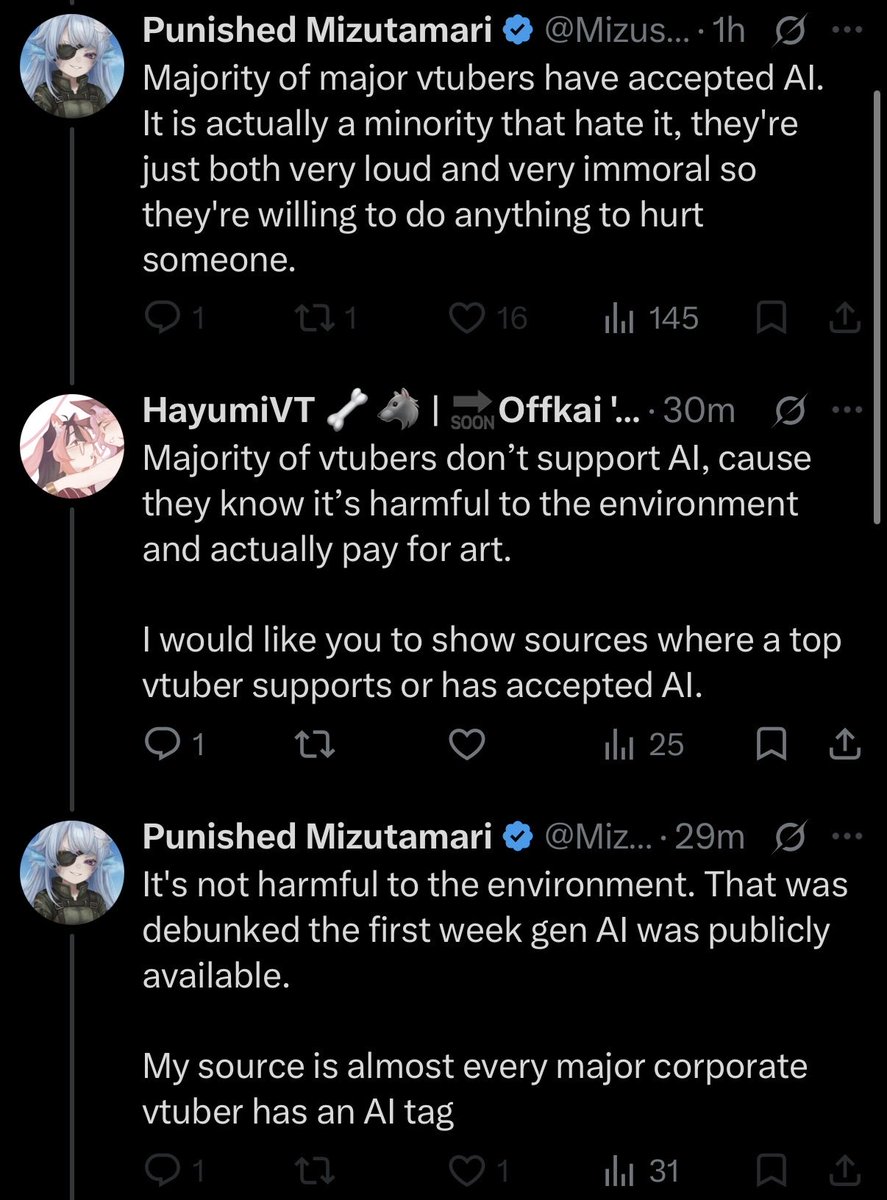 hayumivt's tweet photo. Again if you use AI you’re apart of the problem.

This type of energy gives off I’m too broke to pay for art.

But the thing is you can find art that isn’t $1,000 of dollars.

I also have never seen a major vtuber supports fucking AI, y’all must be high as shit. https://t.co/gyqIaiFfhg