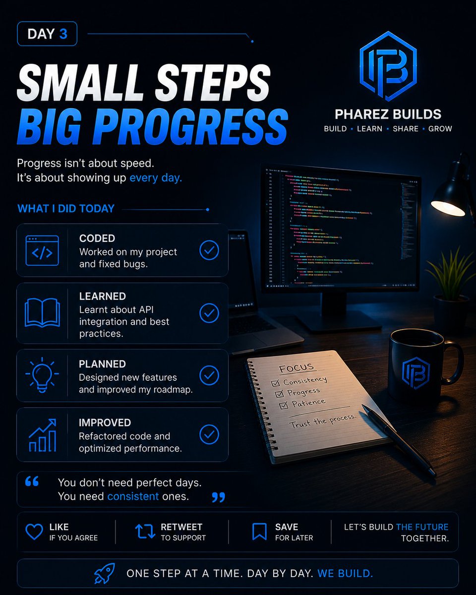 PharezStep96055's tweet photo. Most people quit because progress feels slow.

But every project, every bug fixed, and every lesson learned adds up.

Small steps.
Big progress. 🚀

#BuildInPublic #DevCommunity #Coding https://t.co/yv9mGR5CEF