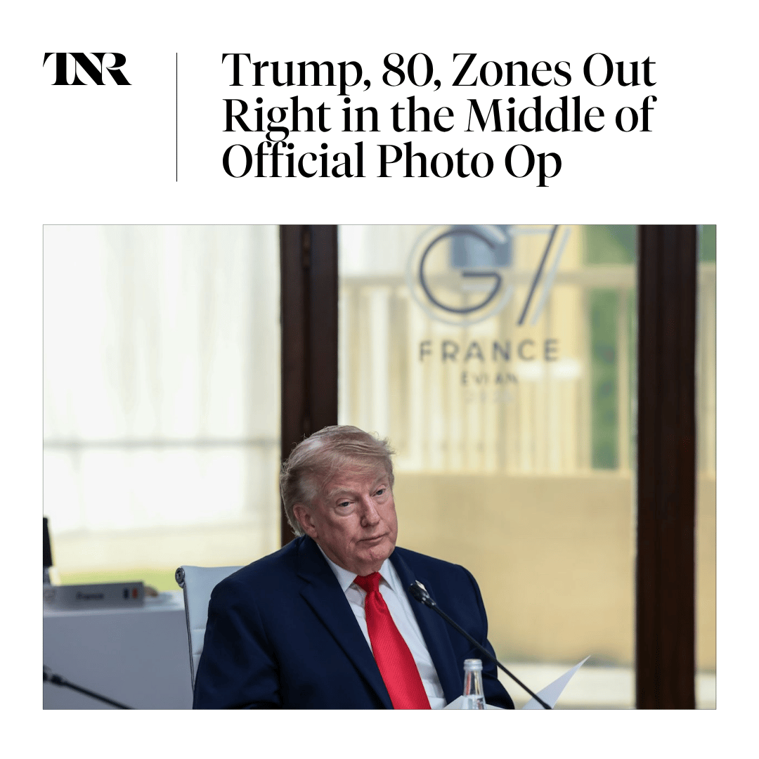 newrepublic's tweet photo. The strange moment was caught on C-SPAN: Trump slouched in his chair with a vacant expression as France’s president encouraged everyone at the table to turn and face a photographer. 

But while every other leader smiled, Trump didn’t budge. https://t.co/Ygn2ebl2V4 https://t.co/MlQpITdoYE