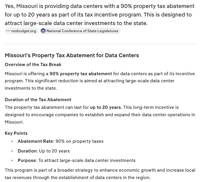0708America's tweet photo. 😳What the actual hell ? 
Missouri Governor Kehoe already signed LAW -Consumers have to fund all utility upgrades for Data Centers..Now they get off the hook for property and sales taxes for 20 years??? NDA's should be illegal ! Data Centers are NOT the answer. https://t.co/fabPeoeqI0