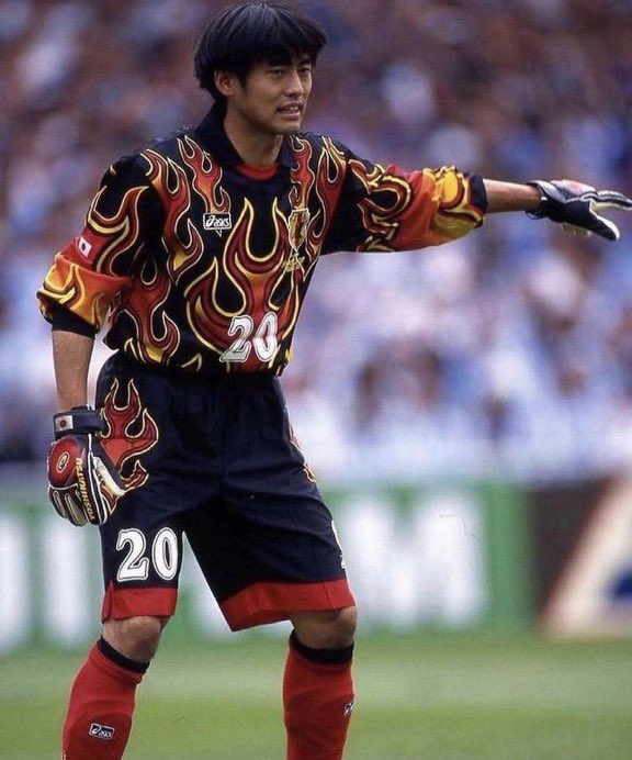 HardestFitPics's tweet photo. The Japan Goal keepers National Team’s Flame Jerseys from their first World Cup appearance in 1998 https://t.co/R4yeVUXW6M