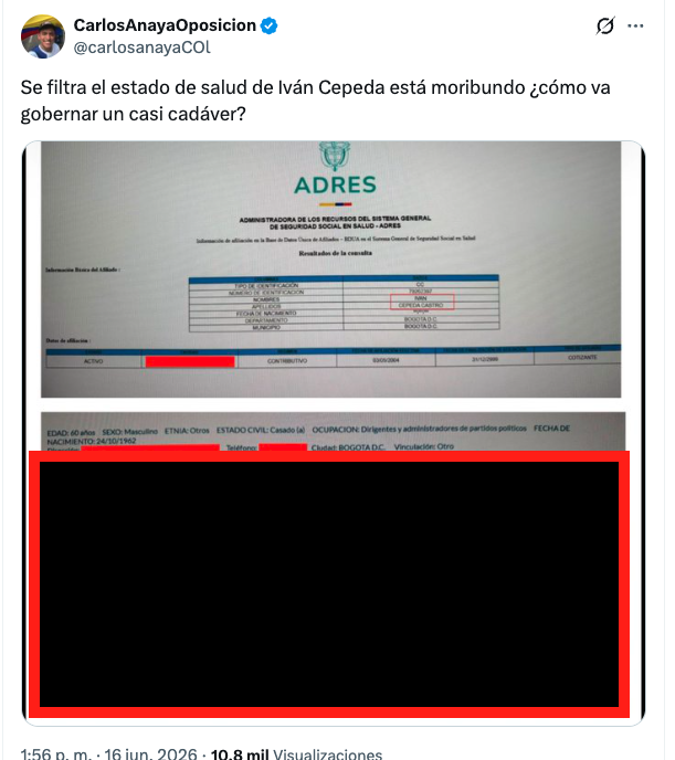 hyperconectado's tweet photo. Circula historial medico de Iván Cepeda. Quienes lo republican y lo comparten cometen un delito. El historial médico es un documento protegido especialmente por la Ley. Igual, lo que dice no es nada nuevo. Ya se sabe. Pero tiene efectos muy grandes en personas que no saben https://t.co/KAc8H2Gi6X