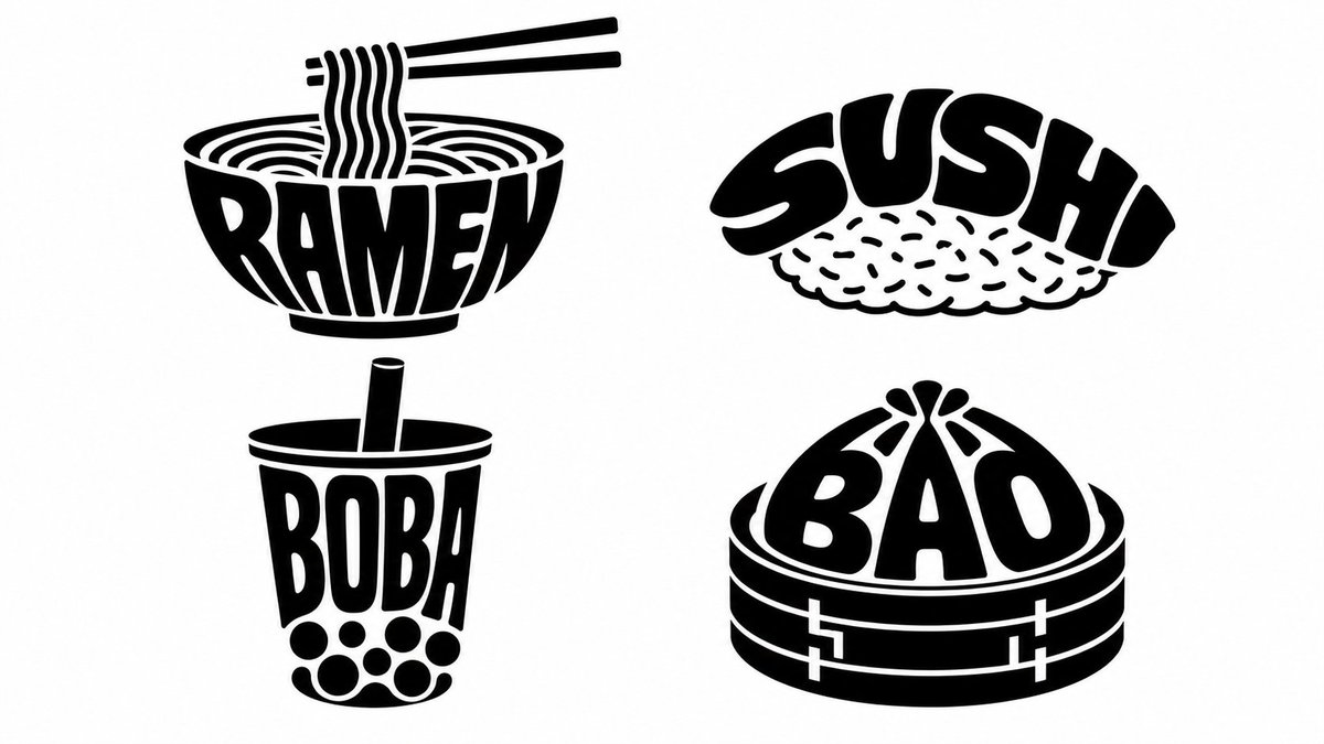 2x2 grid, do this for 4 asian food words and their silhouett