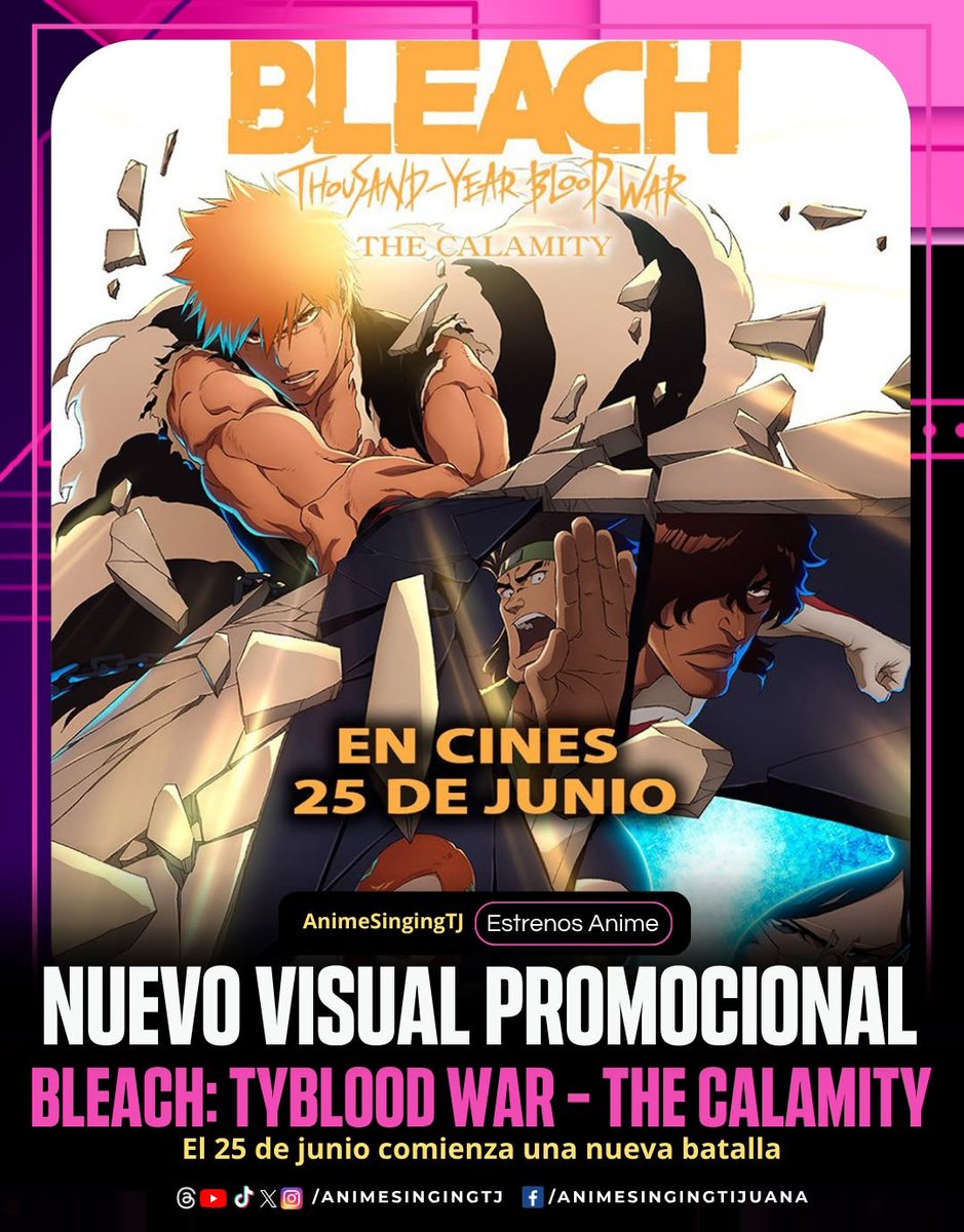 Animesinging's tweet photo. ¡Bleach llega a los cines!
Los episodios 1–3 se proyectarán en cines del 25 al 29 de junio, antes del estreno en streaming de la serie https://t.co/juxhPdbQRk