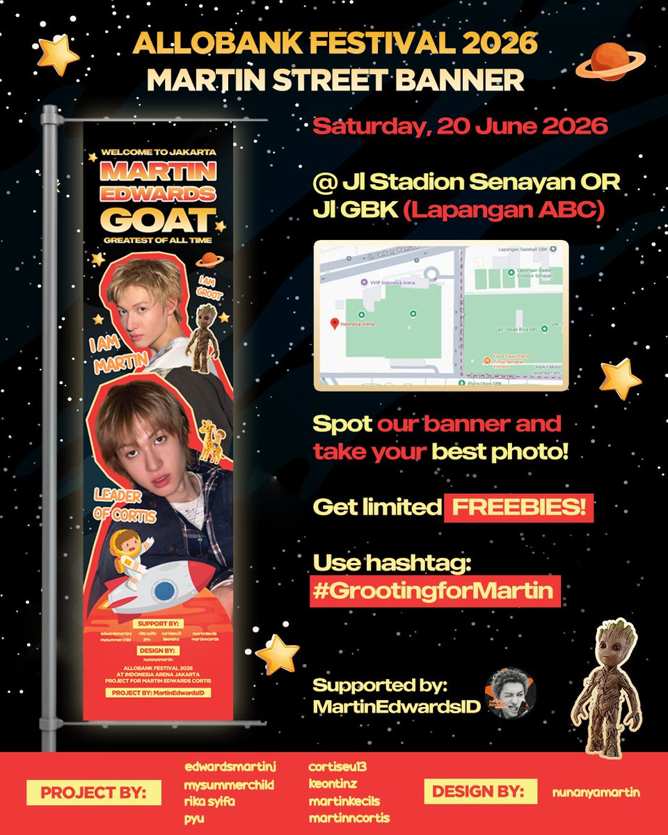 nunanyamartin's tweet photo. #MartinManiaMantap present: 

Street Banner for Martin CORTIS for @coertocortisid Project 🧑‍🚀🚀🌌

#AlloFestHioN2026 

Spot our banner, take photos, say hello and GET LIMITED FREEBIES! 🎁

Upload to social media your #ngortis pics and use hashtag: 

🌳 #GrootingforMartin 🌳 https://t.co/DB1wtwq6Dp