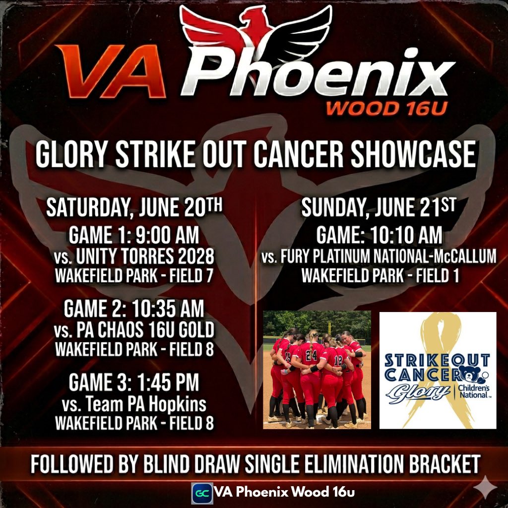GiannaPitzer's tweet photo. Excited for the upcoming Glory Strikeout Cancer Showcase this weekend Nokesville, VA, and the schedule is out!
@AllenWoodTow @VA_Phoenix_Wood https://t.co/Akdyx2bZed