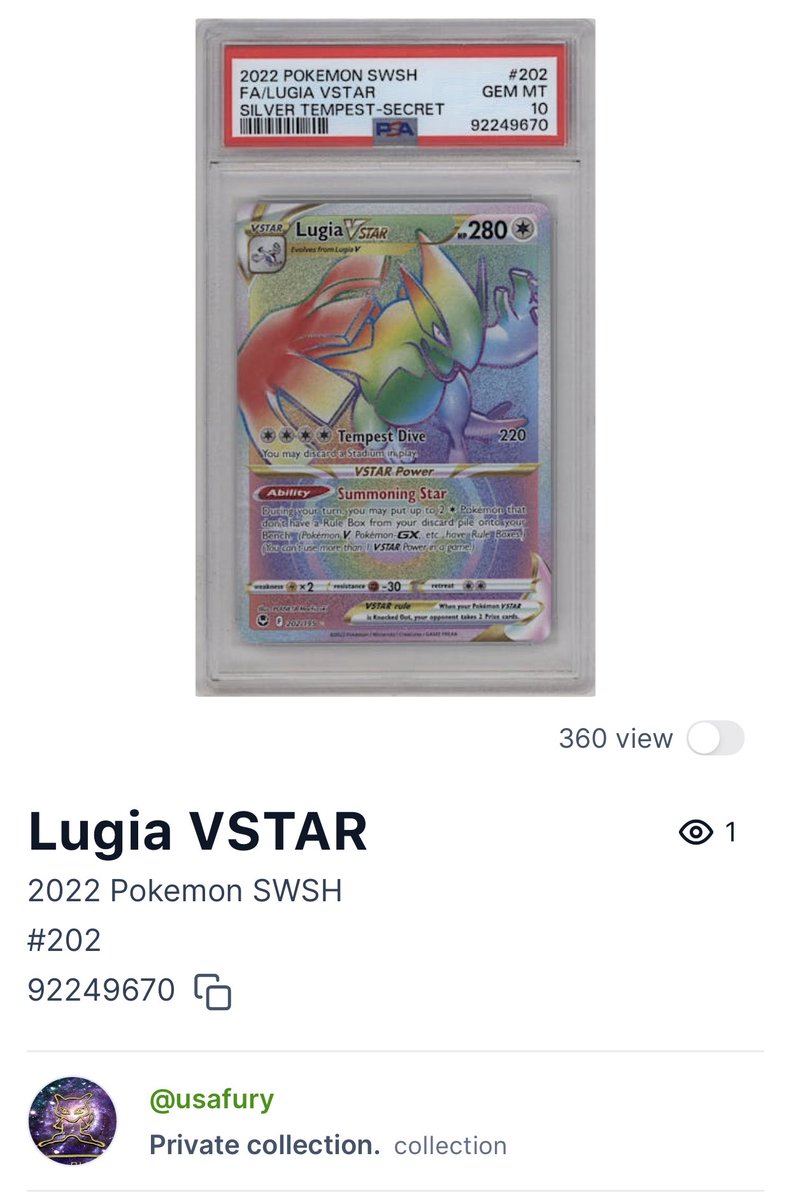BTCBrandonX's tweet photo. Banger of the day. My Lugia Vstar, Rainbow. Absolutely stunning. #Pokemon #Lugia #Psa10 #Perfect #PrivateCollection https://t.co/mACymVvCEY