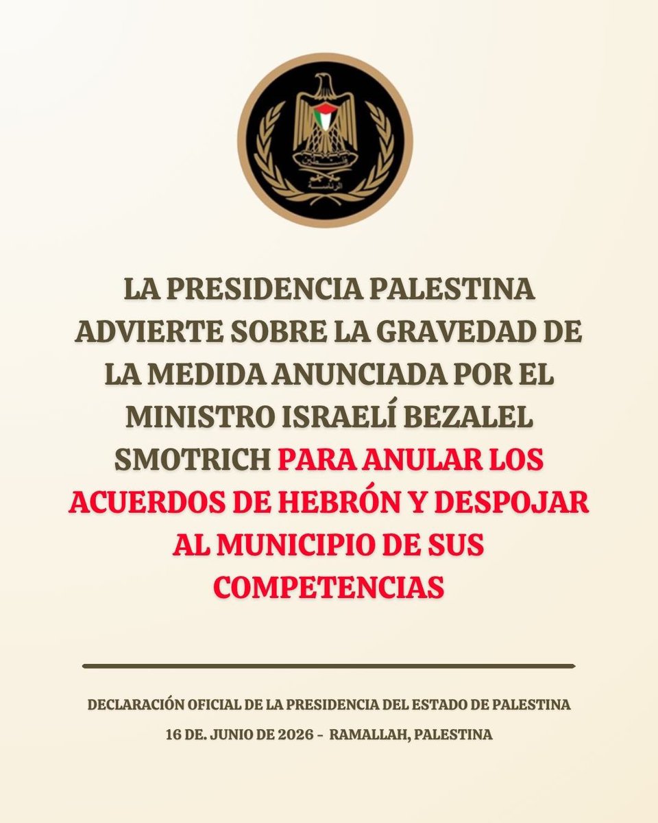 embpalestinacl's tweet photo. 📝Declaración Oficial de la Presidencia del Estado de Palestina:  Advierte sobre la gravedad de la medida anunciada por el ministro del gobierno de derecha israelí, Bezalel Smotrich, para cancelar los acuerdos de Hebrón relacionados con la zona de la Mezquita Ibrahimi y transferir las competencias correspondientes del municipio de Hebrón.