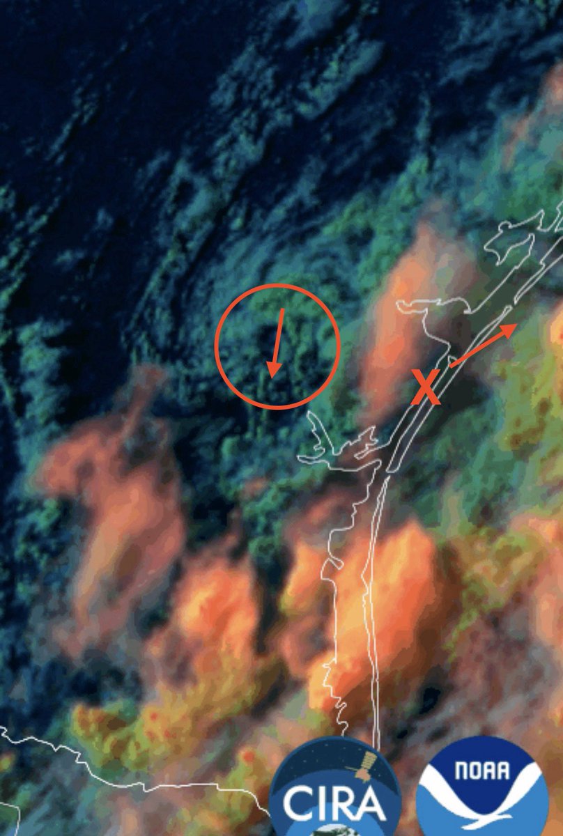 TexasTropics's tweet photo. #PTC1 about to see sunset. Latest NHC plot has it right at the coast. Satellite showing some midlevel swirl to the west moving almost due south. Vorticity is actually stacked pretty well, it’s just elongated. Rainfall really diminished over land. #TXwx #Tropics #Tropicalwx https://t.co/hDkmRrCsur