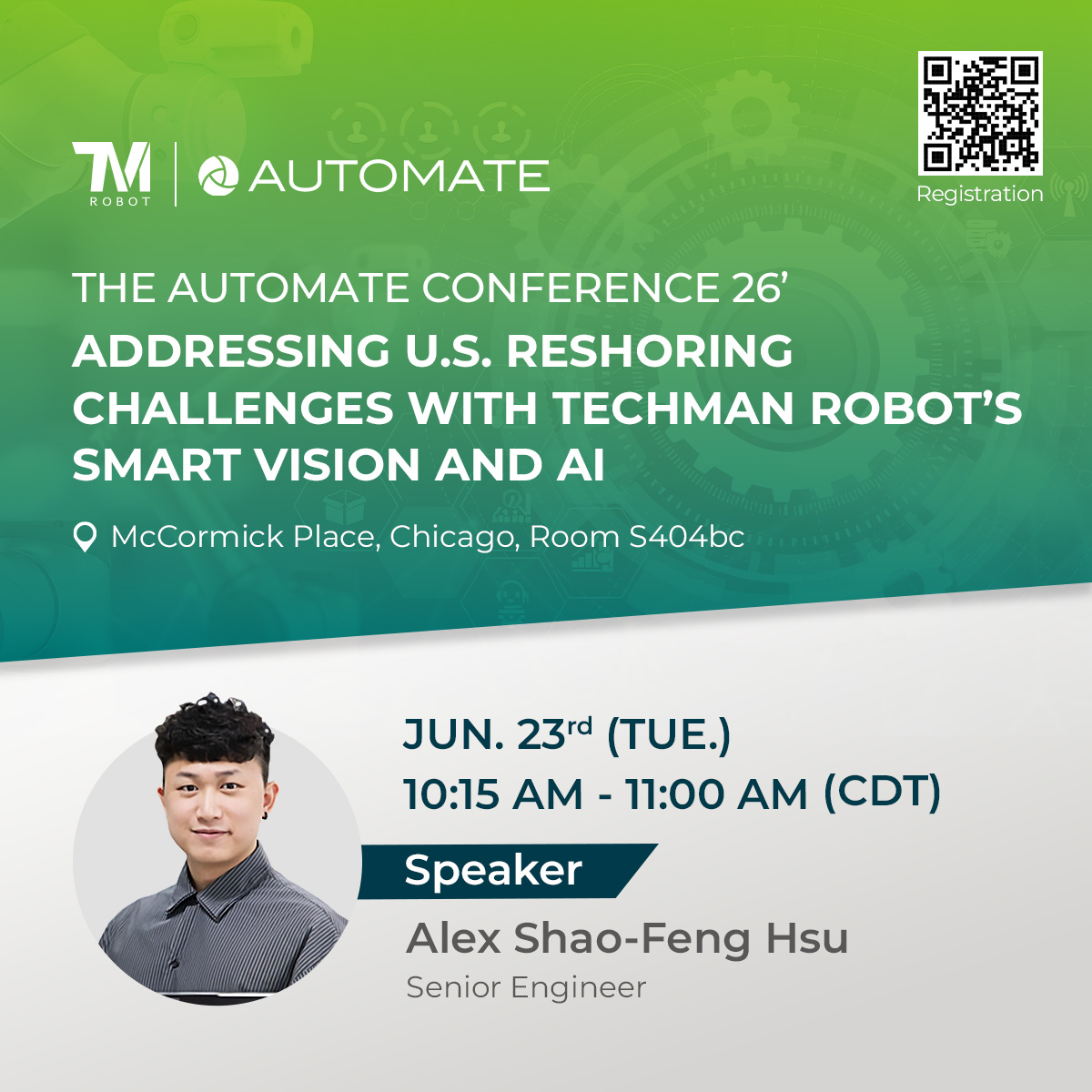 techmanrobot's tweet photo. Reserve your spot now🏃

#Automate2026 Conference
📅 Date￨Jun. 23 (Tue.)
⏰ Time￨10:15-11:00 (CDT)
🏢 Venue￨McCormick Place, Chicago, Room S404bc
📝 Register￨ https://t.co/gFHlfpqDV5

#Automate2026 #Chicago #automation #manufacturing #TM #tmrobot #techmanrobot #AI #conference https://t.co/OL3l2gPXUX