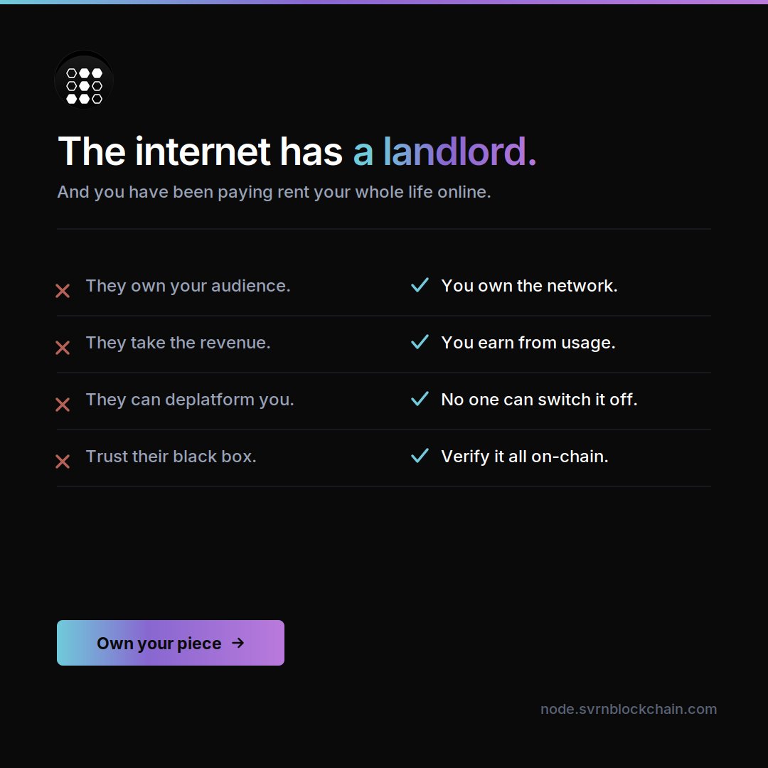 sovrentech's tweet photo. You have been paying rent your whole life online. They own your audience, take the revenue, and can deplatform you on a whim. Sovren flips all four: you own the network, earn from usage, can't be switched off, and verify everything on-chain. 

https://t.co/PNqeeOAa3Q https://t.co/TmaA3tP0oU
