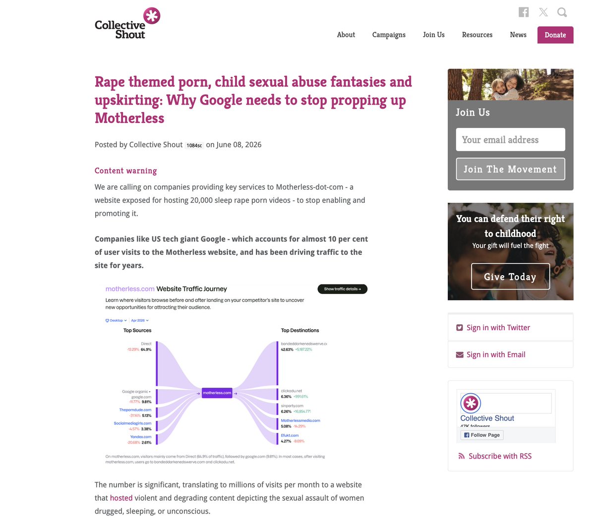 SexIndustryRes's tweet photo. #SexIndustryArticles

Rape themed porn, child sexual abuse fantasies and upskirting: why Google needs to stop propping up Motherless

https://t.co/VaUts2Dst1

"We are calling on companies providing key services to Motherless-dot-com - a website exposed for hosting 20,000 sleep rape porn videos - to stop enabling and promoting it.

Companies like US tech giant Google - which accounts for almost 10 per cent of user visits to the Motherless website, and has been driving traffic to the site for years.

The number is significant, translating to millions of visits per month to a website that hosted violent and degrading content depicting the sexual assault of women drugged, sleeping, or unconscious.

Since administrators reportedly cleaned up the site, our investigations uncovered more disturbing (and potentially illegal) content on Motherless: 

'Cock tribute' (also known as 'cum tribute') accounts dedicated to content featuring men ejaculating on images of women. Men are encouraged make "requests" - that is, to submit photos of women known to them to be ejaculated on. One video we discovered was titled 'Member's Coworker's Daughter [name withheld] Dumped On: req' (ie. request). It had nearly 2000 views, and been 'favourited' (a way for Motherless users to save liked content) dozens of times.

Images of underage girls - made popular on mainstream social media platforms - which serve as prompts for men's child sex abuse "fantasy" discussions. (*We reported a number of these to eSafety.)

Content tagged 'Chloroform', signalling eroticisation of the sexual assault of unconscious women, and potentially, criminal activity involving real victims.

'Creepshots', 'upskirt' and 'voyeur' content - all depicting image based sexual abuse of women in public or intimate (for example, change rooms and restrooms) spaces. *Upskirting is the non-consensual photographing, filming, or viewing of a person's intimate areas beneath or through their clothing, typically for sexual gratification, humiliation, or exploitation. It is illegal in every Australian state/territory."