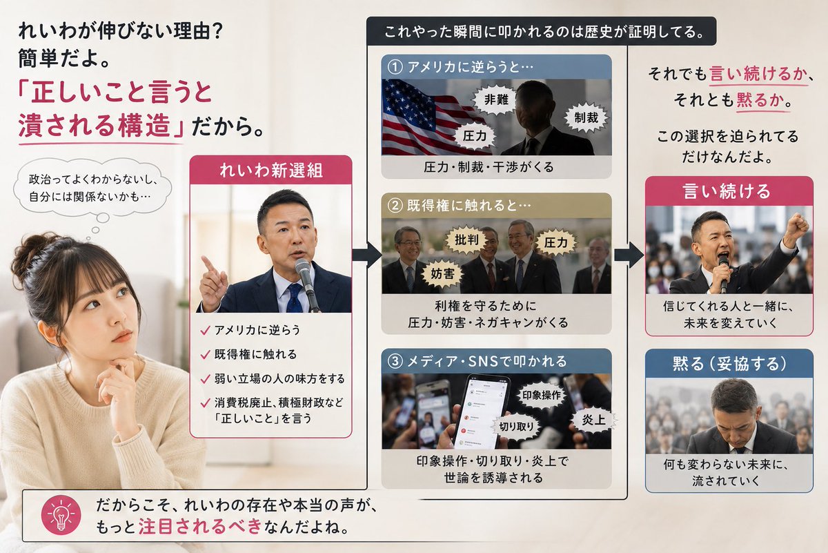 pinknekotaro's tweet photo. #れいわ新選組を正しく理解してください 

れいわ新選組が伸びない理由❓

れいわ新選組は左翼❓
いいえ。

思想に捉われない
フリースタイルです。

れいわ新選組は嫌われてる❓
はい。

一部の既得権益の者、
巨大な組織の悪事を暴露をして
何も知らない庶民の味方を
するからです。 https://t.co/KWPGFWedFd